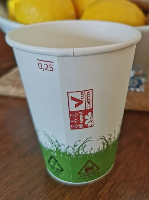 TUV compostable wax coated paper cup.