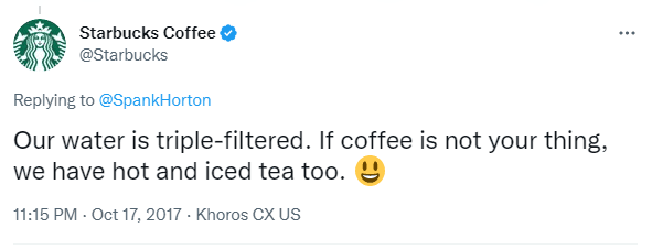 Official Tweet of Starbucks: triple-filtered system.